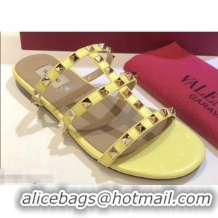 Luxury Discount Valentino Rockstud Flat Slide Sandals VT2503 Yellow