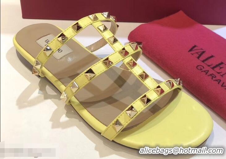 Luxury Discount Valentino Rockstud Flat Slide Sandals VT2503 Yellow