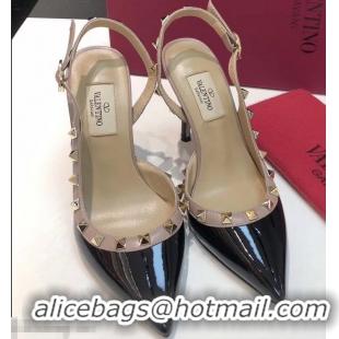 Fashionable Valentino Heel 9.5cm Rockstud Patent Leather Slingback Pumps VT2601 Black