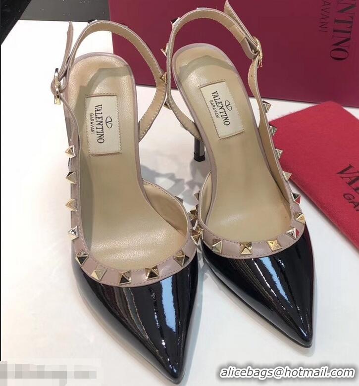 Fashionable Valentino Heel 9.5cm Rockstud Patent Leather Slingback Pumps VT2601 Black