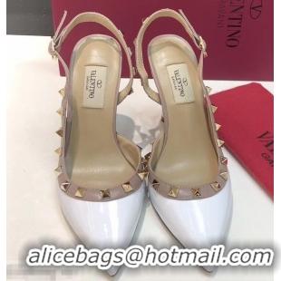 Popular Style Valentino Heel 9.5cm Rockstud Patent Leather Slingback Pumps VT2601 White