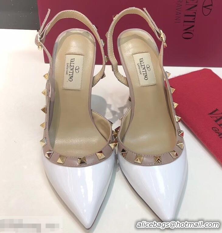 Popular Style Valentino Heel 9.5cm Rockstud Patent Leather Slingback Pumps VT2601 White