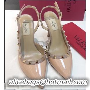 Well Crafted Valentino Heel 9.5cm Rockstud Patent Leather Slingback Pumps VT2601 Nude