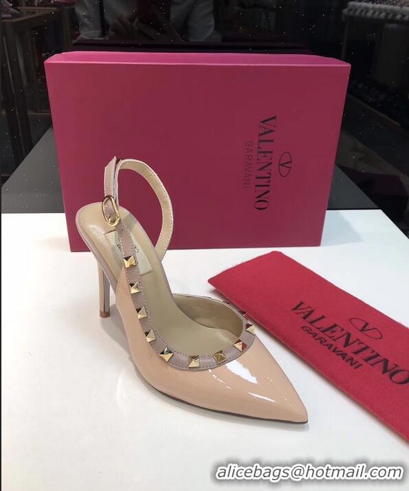 Well Crafted Valentino Heel 9.5cm Rockstud Patent Leather Slingback Pumps VT2601 Nude