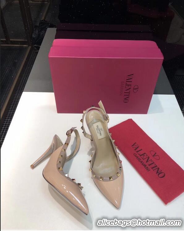 Well Crafted Valentino Heel 9.5cm Rockstud Patent Leather Slingback Pumps VT2601 Nude