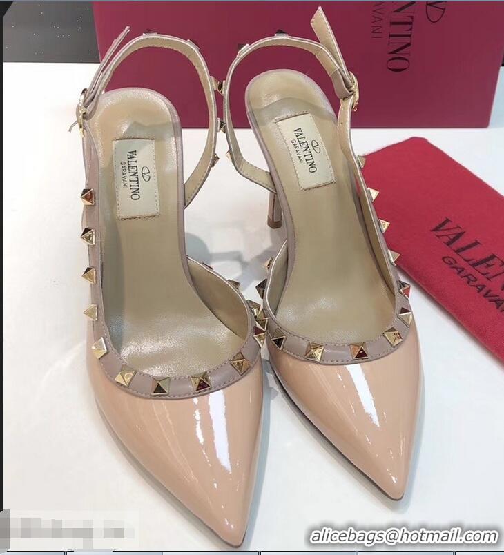 Well Crafted Valentino Heel 9.5cm Rockstud Patent Leather Slingback Pumps VT2601 Nude