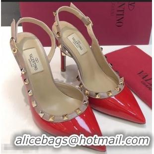 Good Product Valentino Heel 9.5cm Rockstud Patent Leather Slingback Pumps VT2601 Red