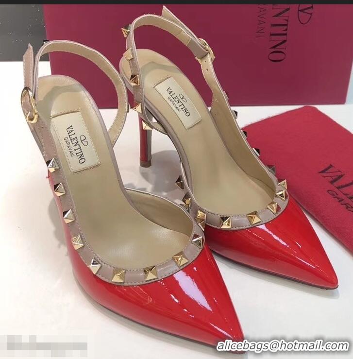 Good Product Valentino Heel 9.5cm Rockstud Patent Leather Slingback Pumps VT2601 Red