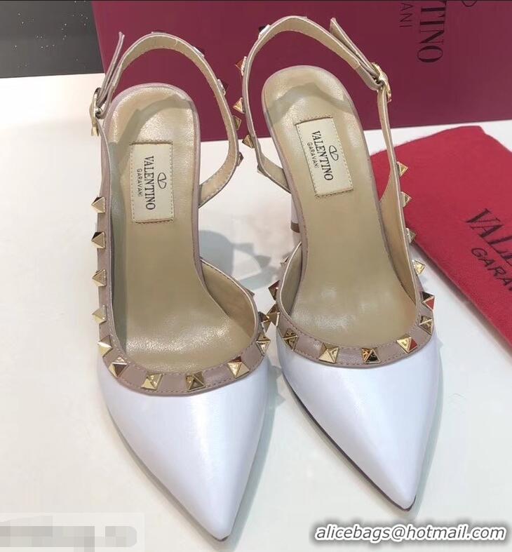 Charming Valentino Heel 9.5cm Rockstud Sheepskin Slingback Pumps VT2602 White