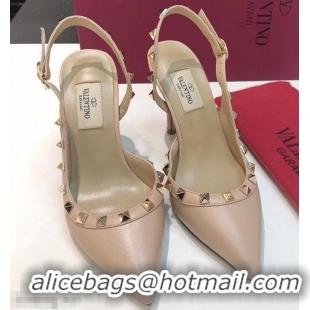 Youthful Valentino Heel 9.5cm Rockstud Sheepskin Slingback Pumps VT2602 Nude