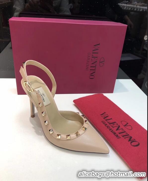 Youthful Valentino Heel 9.5cm Rockstud Sheepskin Slingback Pumps VT2602 Nude