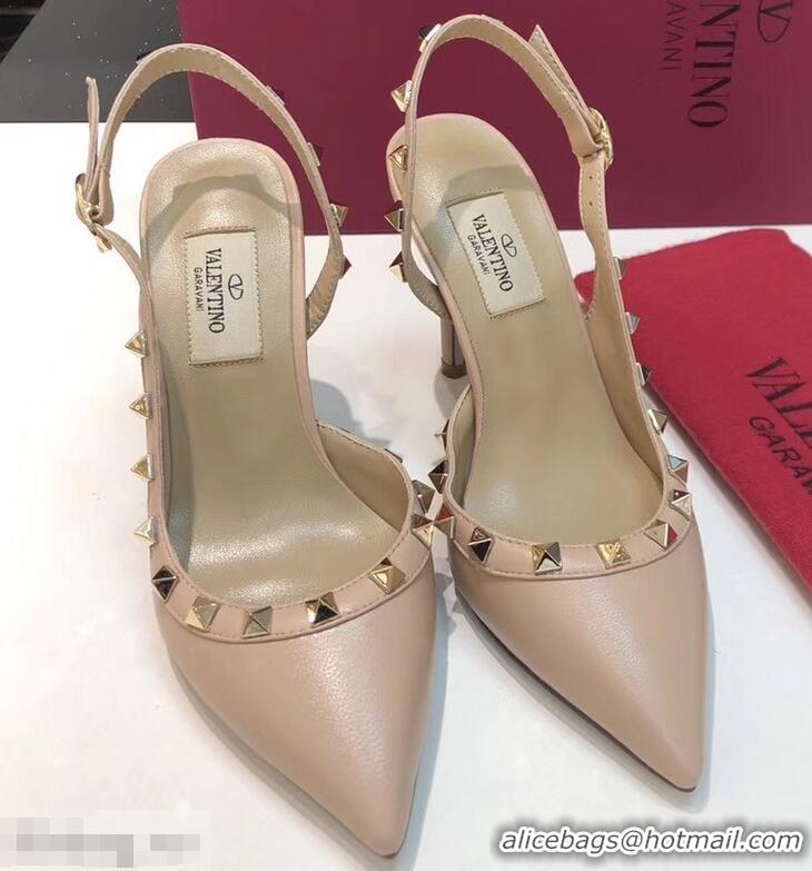 Youthful Valentino Heel 9.5cm Rockstud Sheepskin Slingback Pumps VT2602 Nude