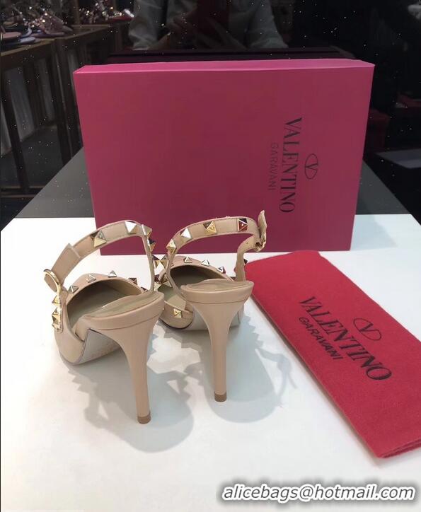 Youthful Valentino Heel 9.5cm Rockstud Sheepskin Slingback Pumps VT2602 Nude