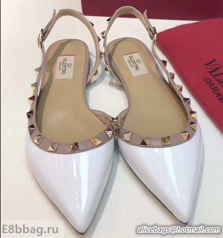 Discount Valentino Rockstud Patent Leather Slingback Ballet Flats VT2603 White