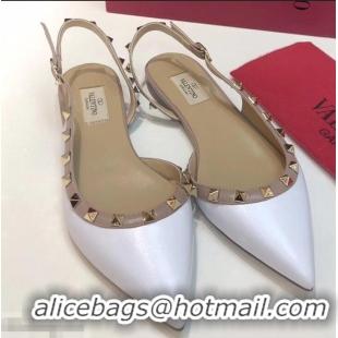 Duplicate Valentino Rockstud Sheepskin Slingback Ballet Flats VT2604 White