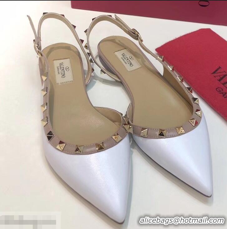 Duplicate Valentino Rockstud Sheepskin Slingback Ballet Flats VT2604 White