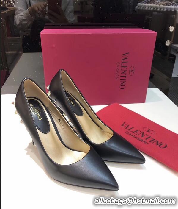 Popular Valentino Heel 9.5cm Rockstud Around Sheepskin Pumps VT2614 Black 2019