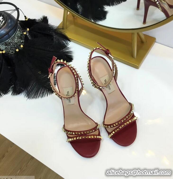 Imitation Valentino Heel 10cm Rockstud Around Sandals VT2704 Burgundy 2019