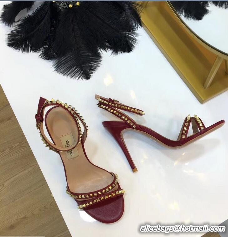 Imitation Valentino Heel 10cm Rockstud Around Sandals VT2704 Burgundy 2019