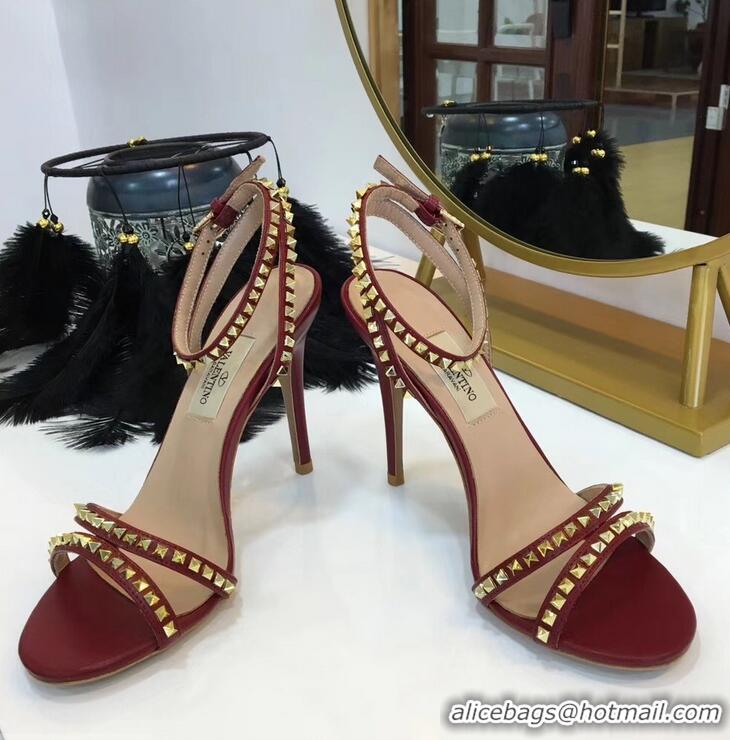 Imitation Valentino Heel 10cm Rockstud Around Sandals VT2704 Burgundy 2019