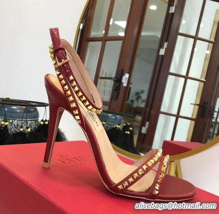 Imitation Valentino Heel 10cm Rockstud Around Sandals VT2704 Burgundy 2019