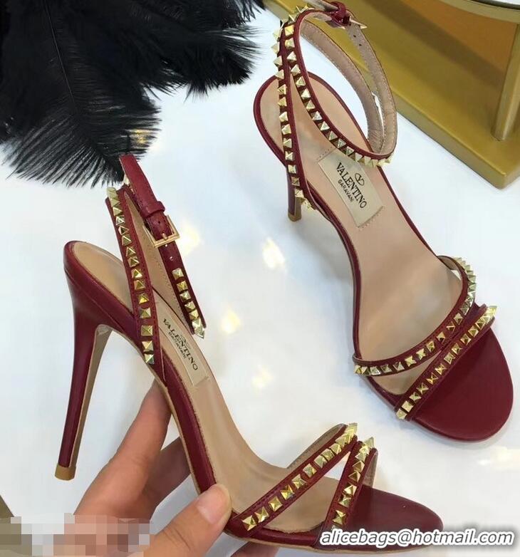 Imitation Valentino Heel 10cm Rockstud Around Sandals VT2704 Burgundy 2019