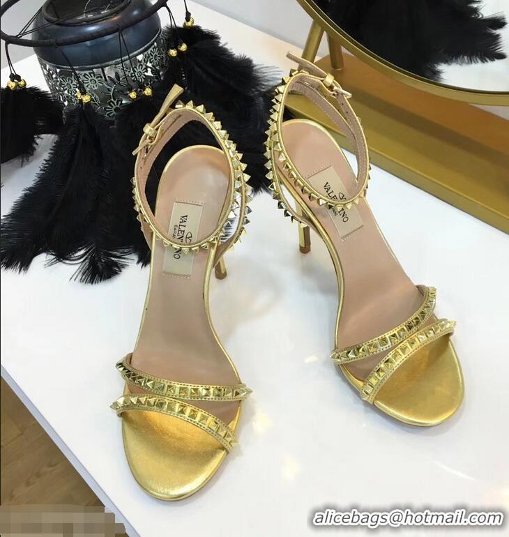 Good Looking Valentino Heel 10cm Rockstud Around Sandals VT2704 Gold 2019