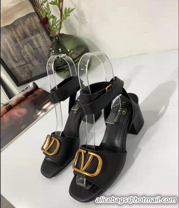 Feminine Valentino Mid-Heel Cowhide Sandals VT2708 Black With Go Logo Detail 2019