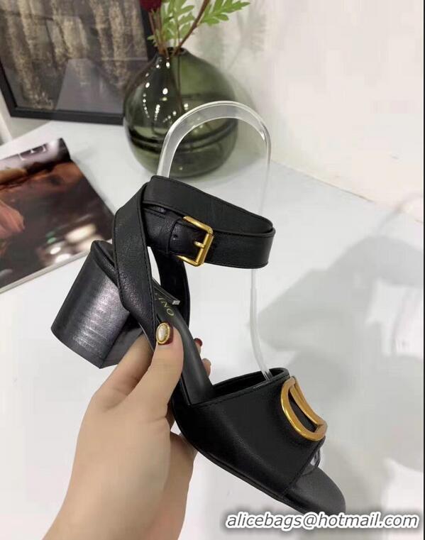 Feminine Valentino Mid-Heel Cowhide Sandals VT2708 Black With Go Logo Detail 2019