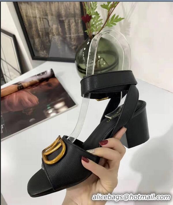 Feminine Valentino Mid-Heel Cowhide Sandals VT2708 Black With Go Logo Detail 2019