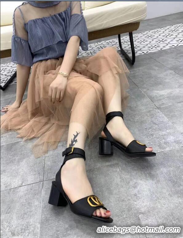 Feminine Valentino Mid-Heel Cowhide Sandals VT2708 Black With Go Logo Detail 2019