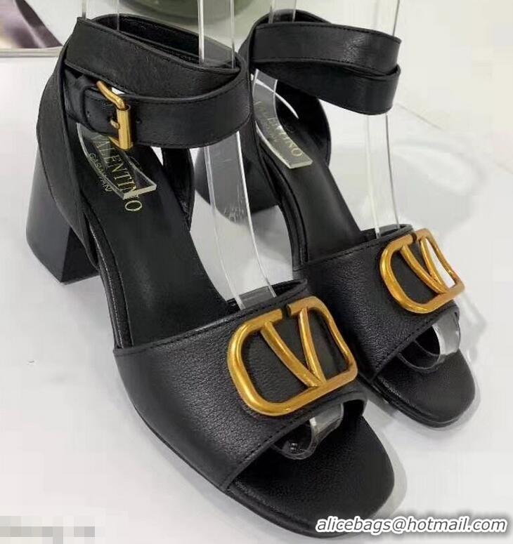 Feminine Valentino Mid-Heel Cowhide Sandals VT2708 Black With Go Logo Detail 2019