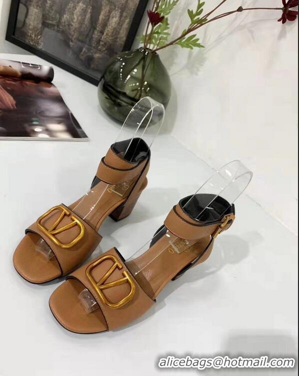 Buy Discount Valentino Mid-Heel Cowhide Sandals VT2708 Brown With Go Logo Detail 2019