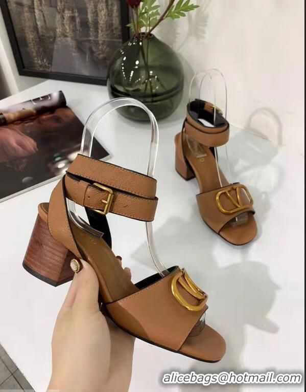 Buy Discount Valentino Mid-Heel Cowhide Sandals VT2708 Brown With Go Logo Detail 2019