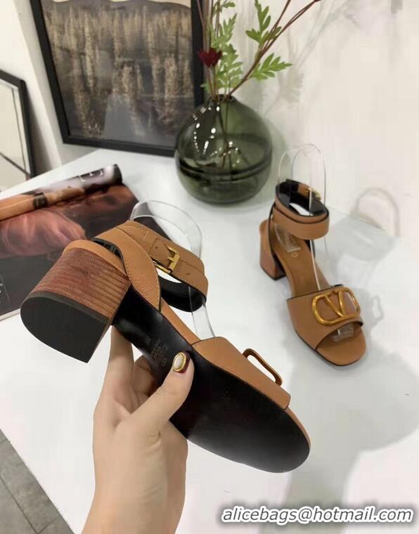 Buy Discount Valentino Mid-Heel Cowhide Sandals VT2708 Brown With Go Logo Detail 2019