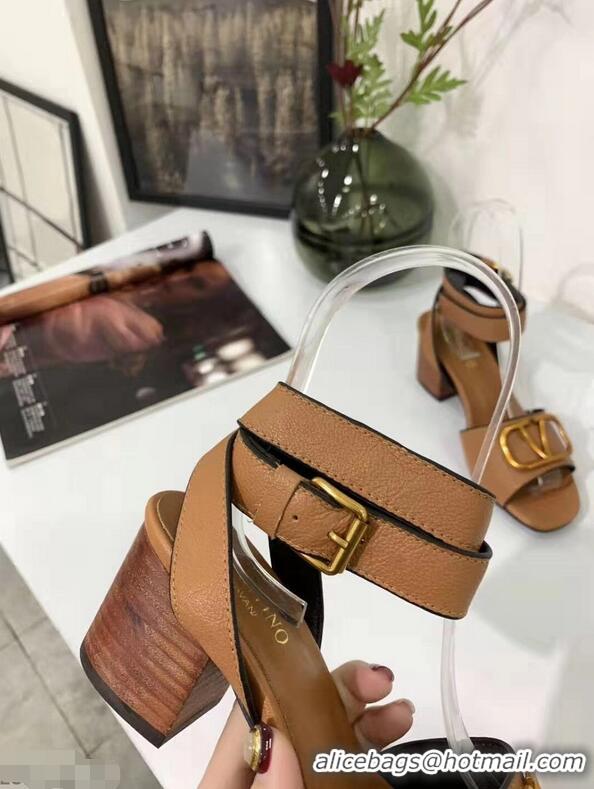 Buy Discount Valentino Mid-Heel Cowhide Sandals VT2708 Brown With Go Logo Detail 2019