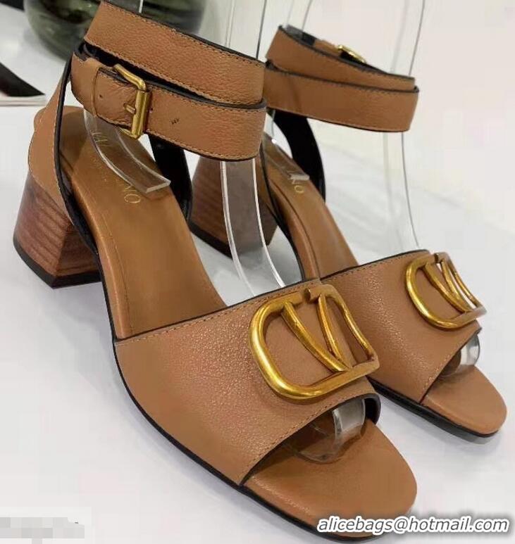 Buy Discount Valentino Mid-Heel Cowhide Sandals VT2708 Brown With Go Logo Detail 2019