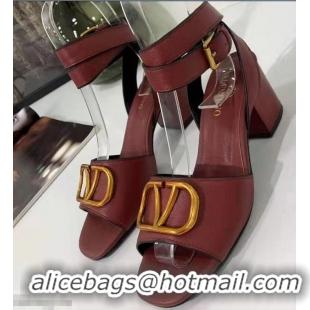 Buy Fashionable Valentino Mid-Heel Cowhide Sandals VT2708 Burgundy With Go Logo Detail 2019