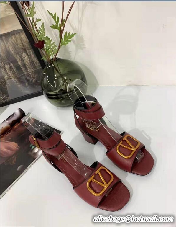 Buy Fashionable Valentino Mid-Heel Cowhide Sandals VT2708 Burgundy With Go Logo Detail 2019