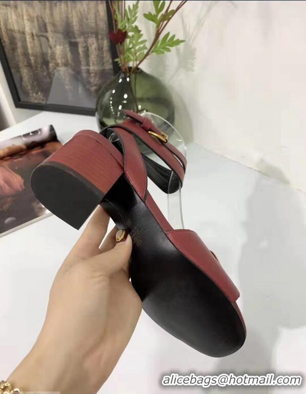 Buy Fashionable Valentino Mid-Heel Cowhide Sandals VT2708 Burgundy With Go Logo Detail 2019