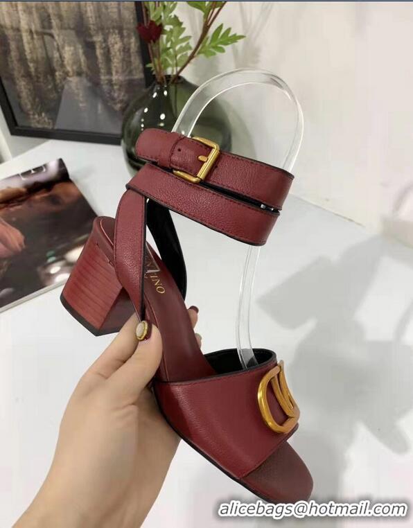 Buy Fashionable Valentino Mid-Heel Cowhide Sandals VT2708 Burgundy With Go Logo Detail 2019