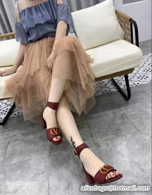 Buy Fashionable Valentino Mid-Heel Cowhide Sandals VT2708 Burgundy With Go Logo Detail 2019