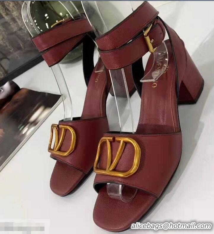 Buy Fashionable Valentino Mid-Heel Cowhide Sandals VT2708 Burgundy With Go Logo Detail 2019