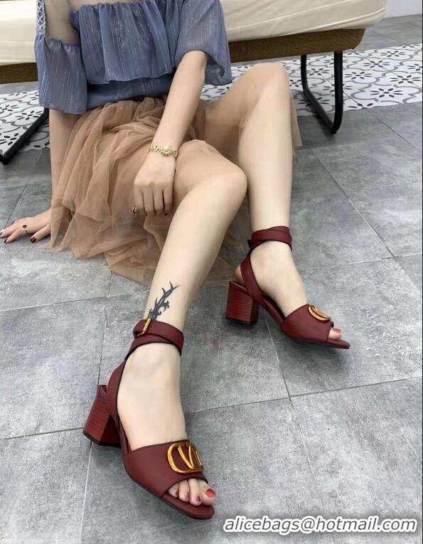 Buy Fashionable Valentino Mid-Heel Cowhide Sandals VT2708 Burgundy With Go Logo Detail 2019