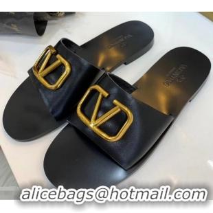 Good Quality Valentino Cowhide Slip-On Slide Sandals VT2705 Black With Go Logo Detail 2019