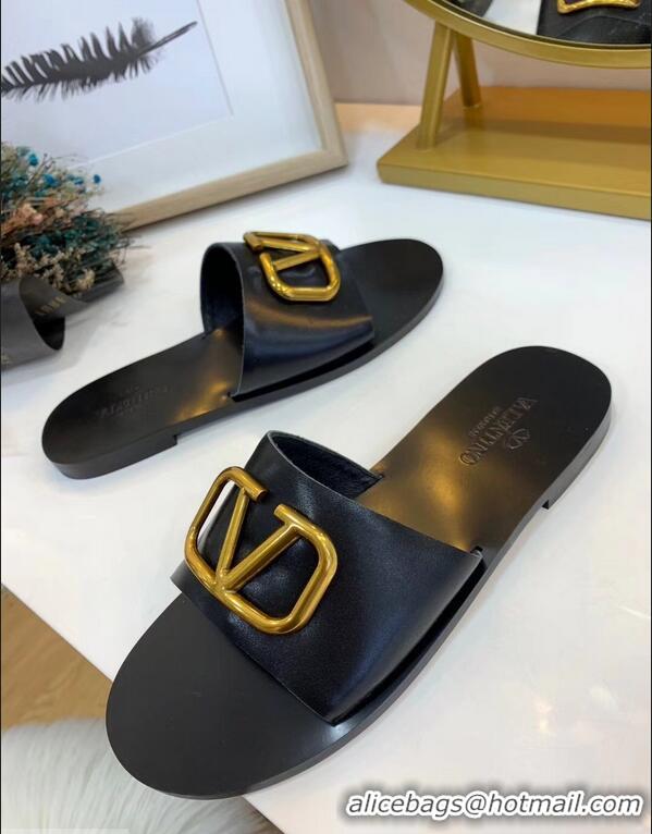 Good Quality Valentino Cowhide Slip-On Slide Sandals VT2705 Black With Go Logo Detail 2019