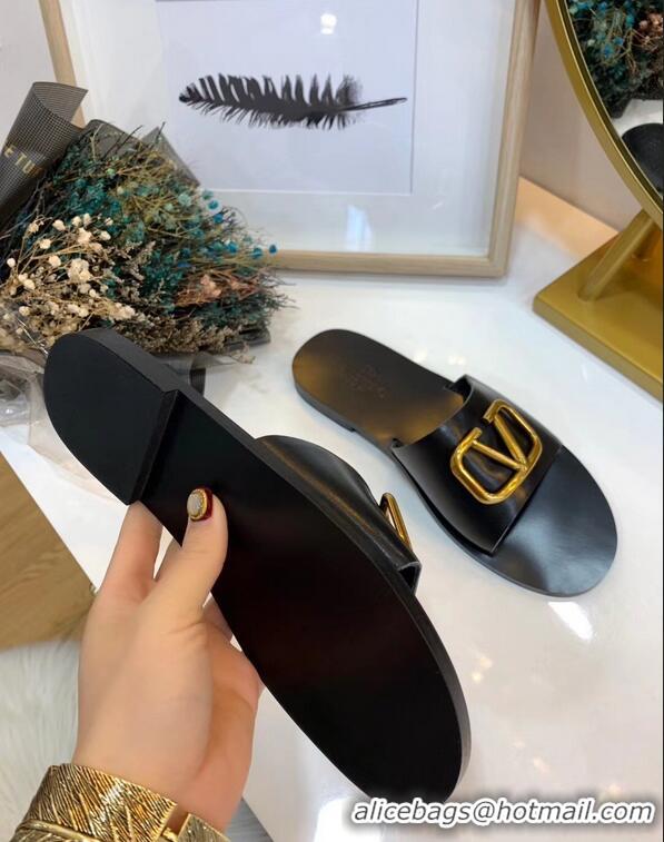 Good Quality Valentino Cowhide Slip-On Slide Sandals VT2705 Black With Go Logo Detail 2019