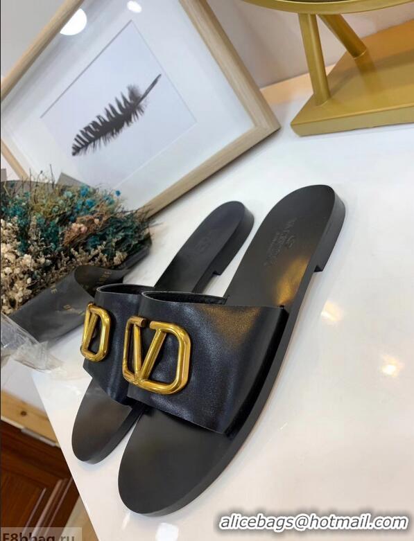 Good Quality Valentino Cowhide Slip-On Slide Sandals VT2705 Black With Go Logo Detail 2019