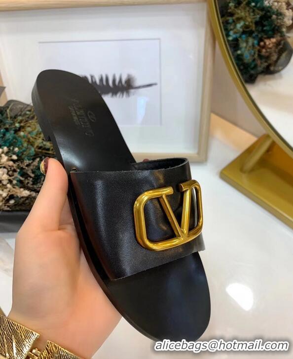 Good Quality Valentino Cowhide Slip-On Slide Sandals VT2705 Black With Go Logo Detail 2019