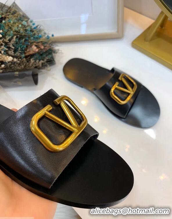 Good Quality Valentino Cowhide Slip-On Slide Sandals VT2705 Black With Go Logo Detail 2019